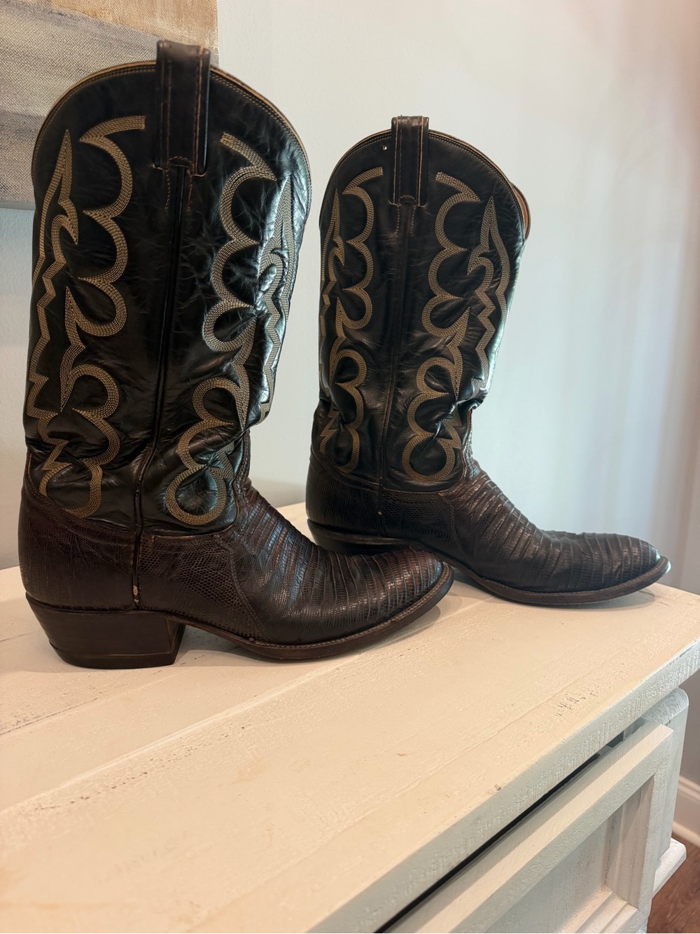 Tony Lama Black Western Cowboy Boots with Tan Embroidery